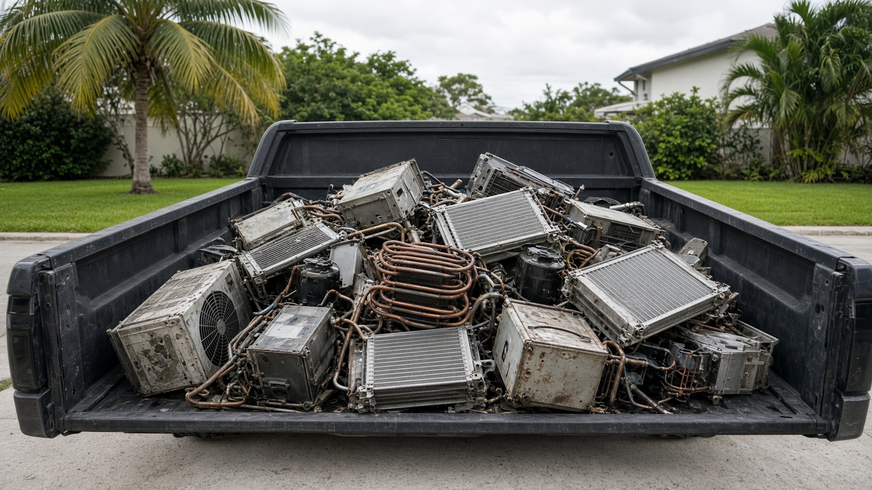 Pickup truck bed loaded with old air-conditioner condensers