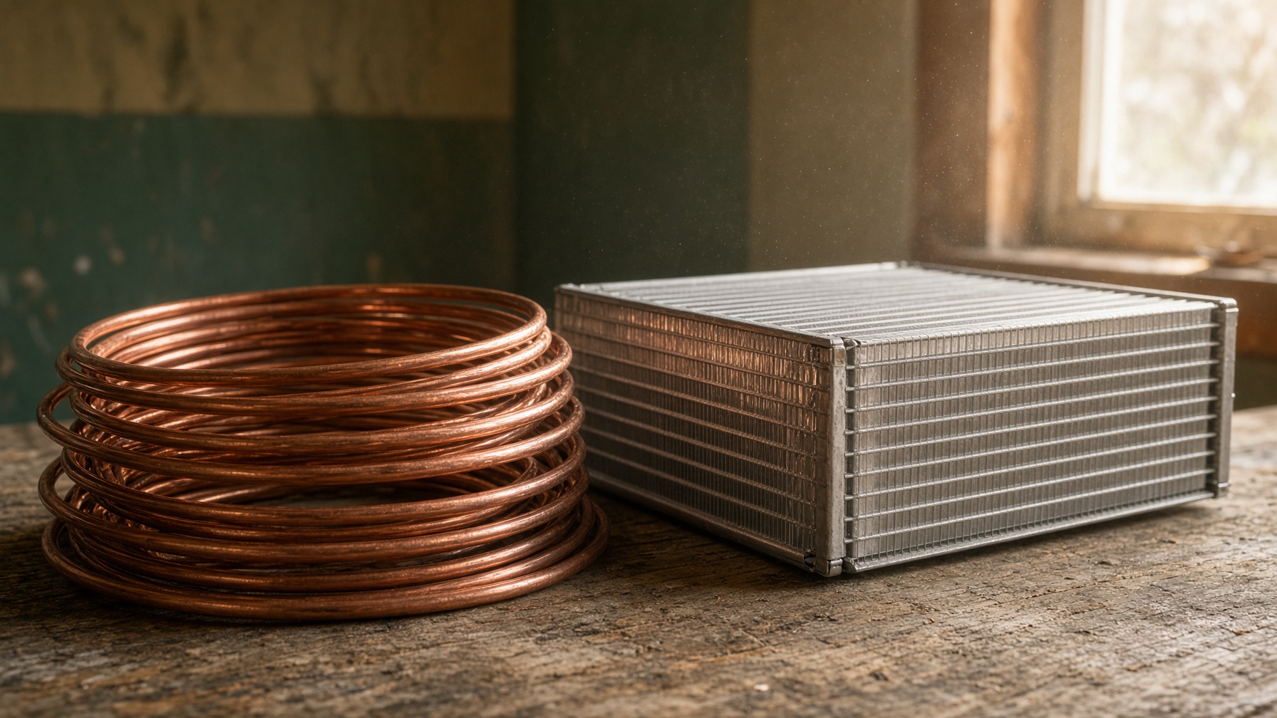 Stripped copper tubing and aluminum fins on a workbench