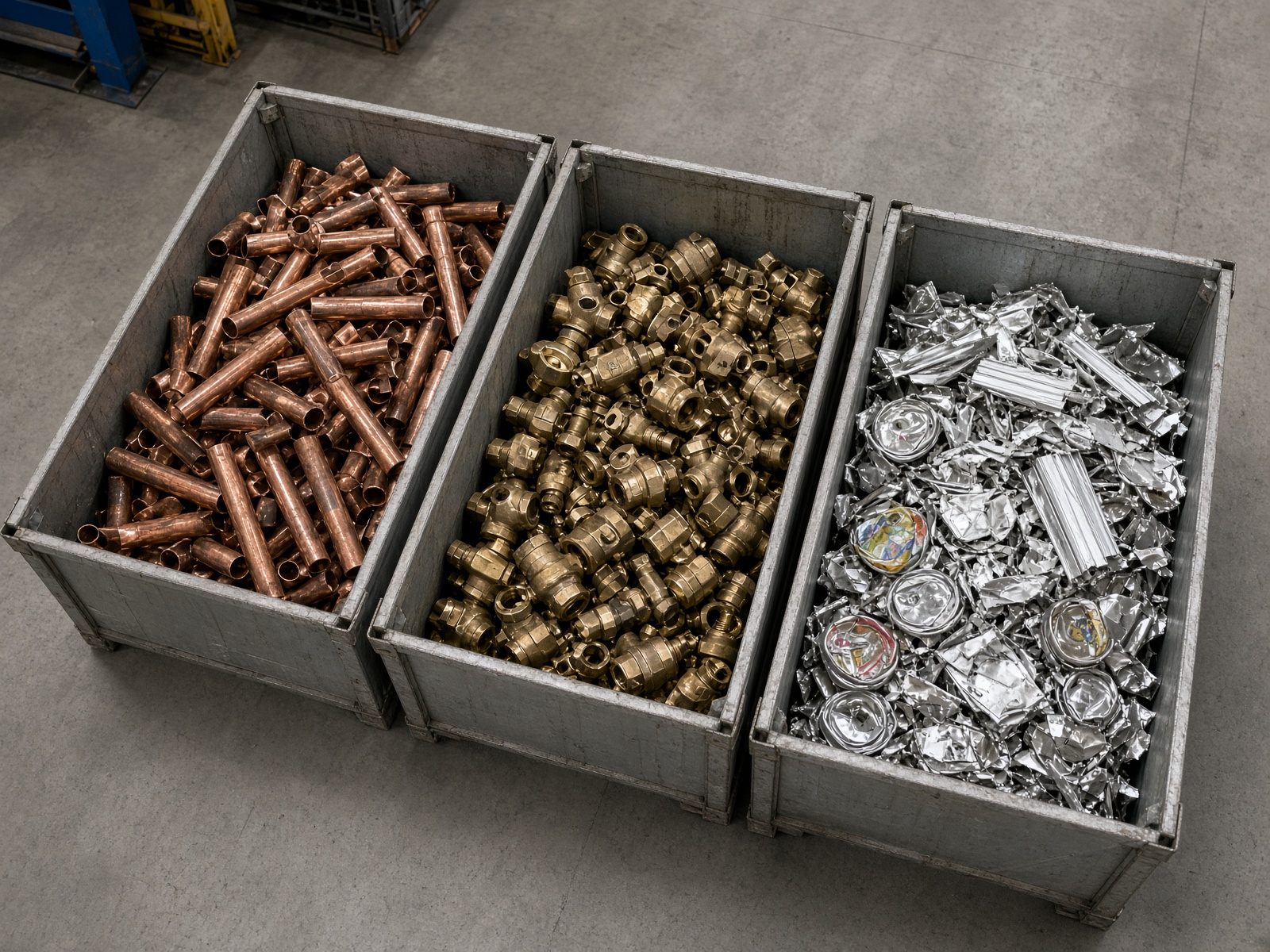 Bins of sorted copper, brass, and aluminum from a property cleanup